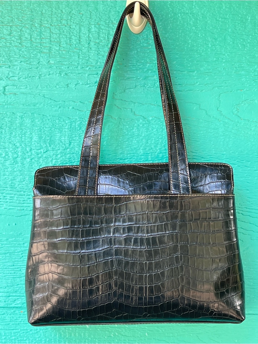 Vintage Crazy Horse Faux Croc Leather Triple Entry Black Shoulder Tote